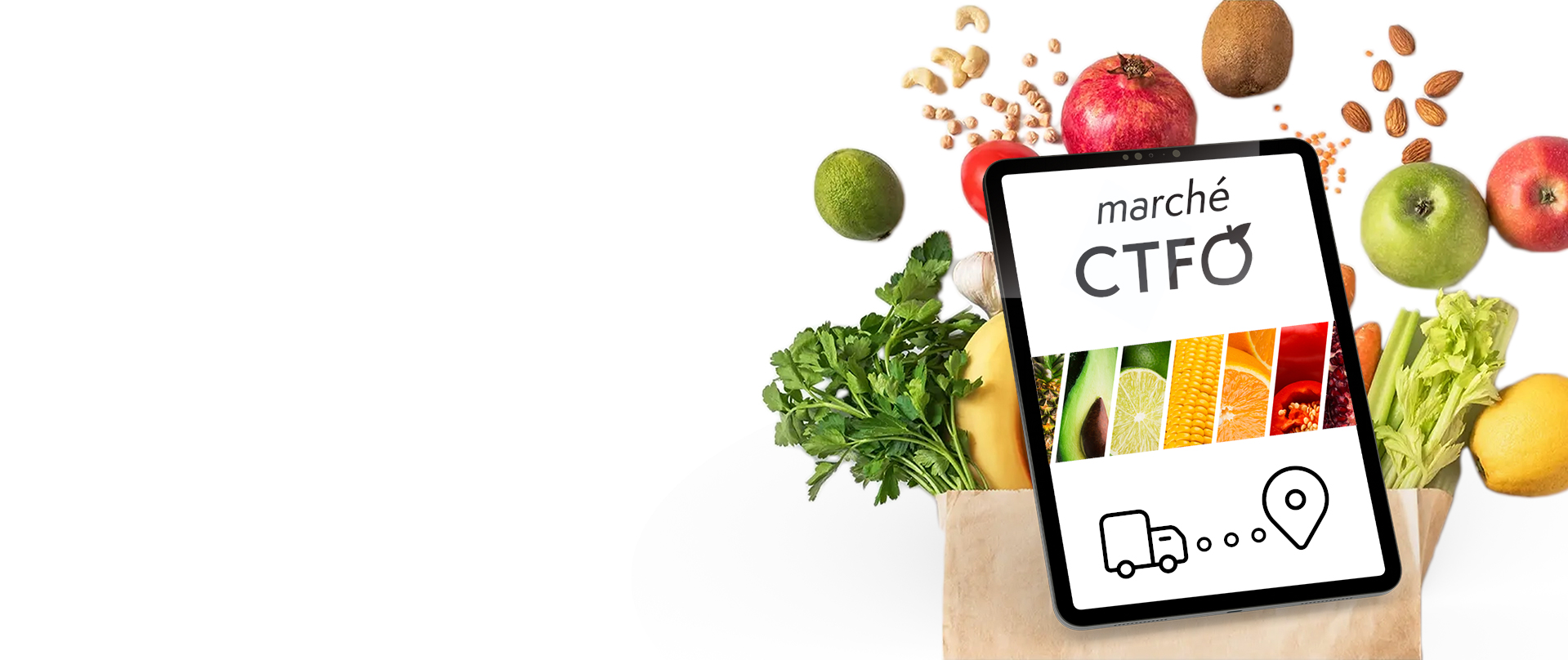 Fresh produce in a paper market bag with a marche CTFO branded tablet